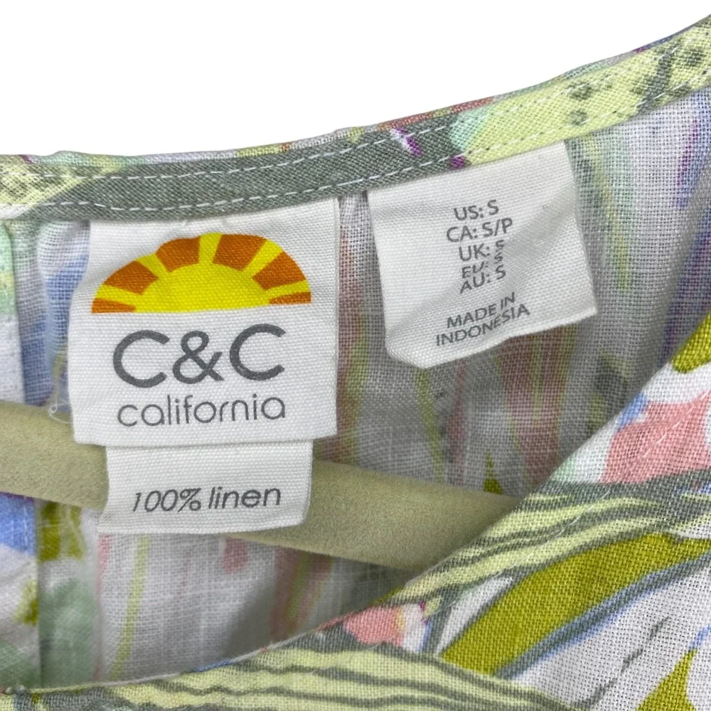 C&C California Women 100% Linen Tropical Pastel Floral Shift Dress Small Pockets